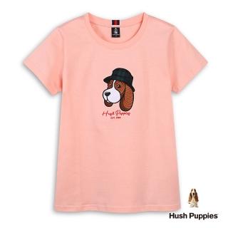 【Hush Puppies】女裝 T恤 素色Q版刺繡格紋漁夫帽狗短袖T恤(粉橘 / 44211107)