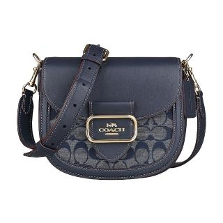 【COACH】COACH MORGAN立體金字方框LOGO牛皮拼接緹花布設計磁釦式斜背馬鞍包(丹寧藍)