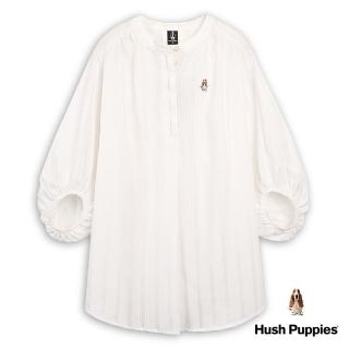 【Hush Puppies】女裝 襯衫知性直條紋緹花泡泡袖寬鬆長版襯衫(米白 / 44212501)