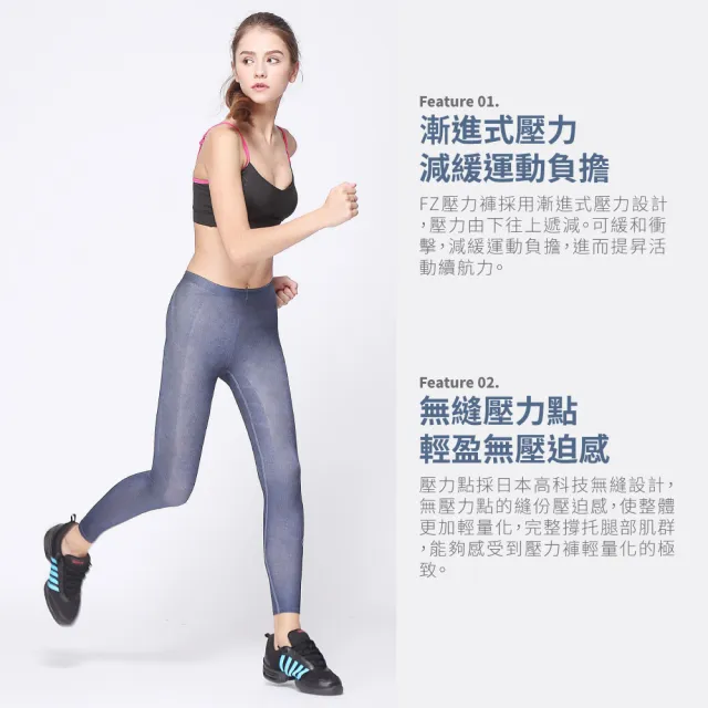 【FREEZONE】現貨 牛仔丹寧印花輕量無縫壓力長褲 女款-FZ800II型(緊身機能壓縮/運動瑜珈/慢跑登山/健身)