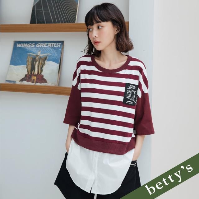 【betty’s 貝蒂思】假兩件標籤橫條紋短袖T-shirt(酒紅)