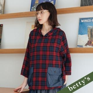【betty’s 貝蒂思】牛仔口袋拼接格紋連帽七分袖上衣(紅色)