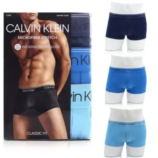 【Calvin Klein 凱文克萊】CK 男士內褲 低腰短版 三件組 平口四角褲 彈性超細纖維 速乾涼爽(多款顏色可選)