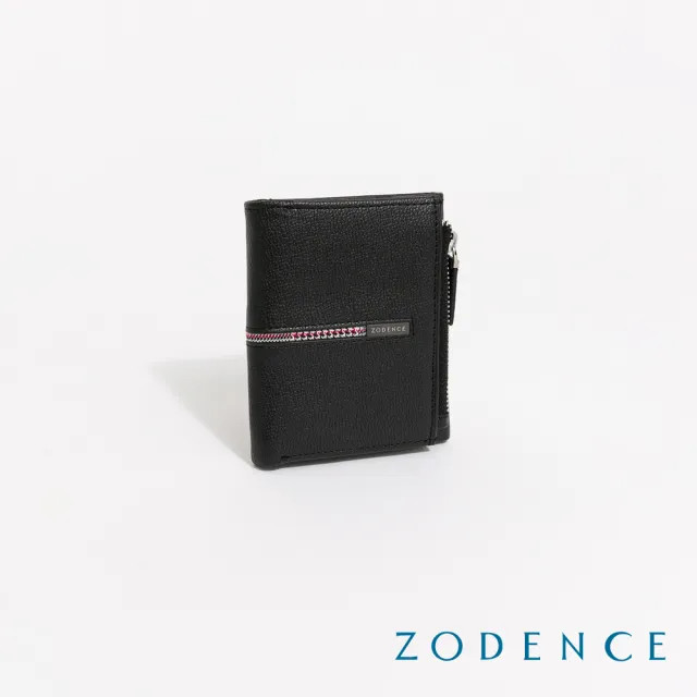 【ZODENCE 佐登司】KIRK進口真皮格紋4卡直式零錢袋三折短夾(黑)