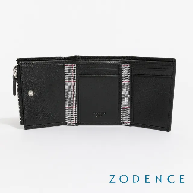 【ZODENCE 佐登司】KIRK進口真皮格紋4卡直式零錢袋三折短夾(黑)