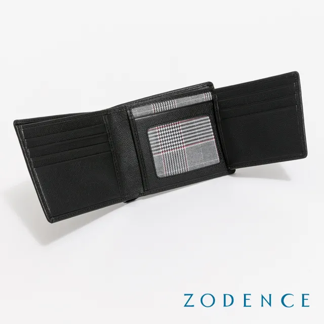 【ZODENCE 佐登司】KIRK進口真皮格紋9卡證件窗短夾(黑)