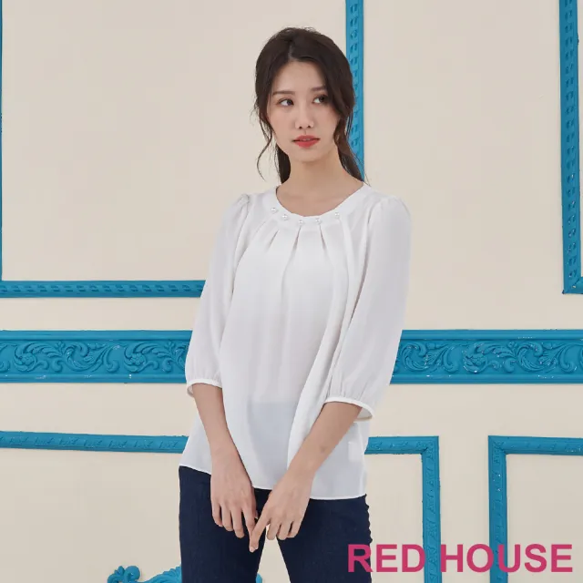 【RED HOUSE 蕾赫斯】素雅珍珠點綴雪紡上衣(白色)