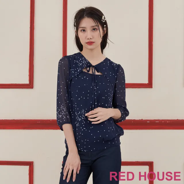 【RED HOUSE 蕾赫斯】綁帶鏤空點點印花上衣(藍色)