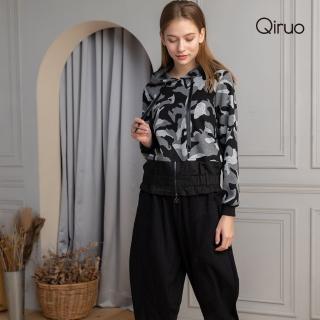 【Qiruo 奇若名品】秋冬專櫃迷彩連帽上衣 3263A黑白灰帽T(M-2XL)