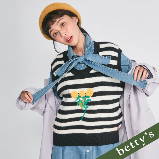 betty’s 貝蒂思 毛巾小花刺繡橫條紋毛衣背心(黑色)