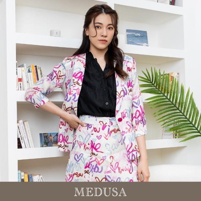 【MEDUSA 曼度莎】現貨-街頭愛心塗鴉亞麻墊肩西裝外套（M-XL）｜女涼感外套 亞麻外套(305-1580A)