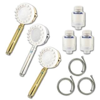 【QSPA】金牌獎增壓按摩刷花灑過濾豪華組(蓮蓬頭3+除氯過濾器3+不鏽鋼水管3)