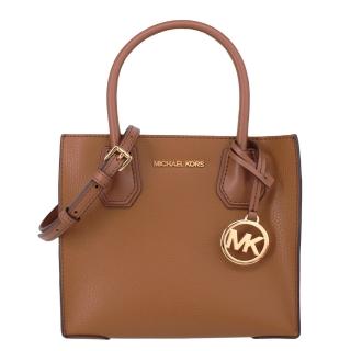 【Michael Kors】MERCER系列 中款 金字LOGO 全皮革 手提/斜背 兩用包(焦糖)