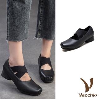 【Vecchio】真皮跟鞋 粗跟跟鞋 方頭跟鞋/全真皮頭層牛皮立體方頭復古交叉帶圓柱粗跟鞋(黑)