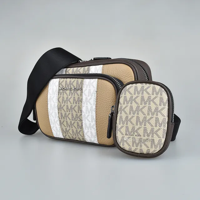 【Michael Kors】MK MICHAEL KORS Hudson LOGO拉鍊牛皮拼接雙條紋PVC斜背包(淺駝x褐x白/附零錢包)