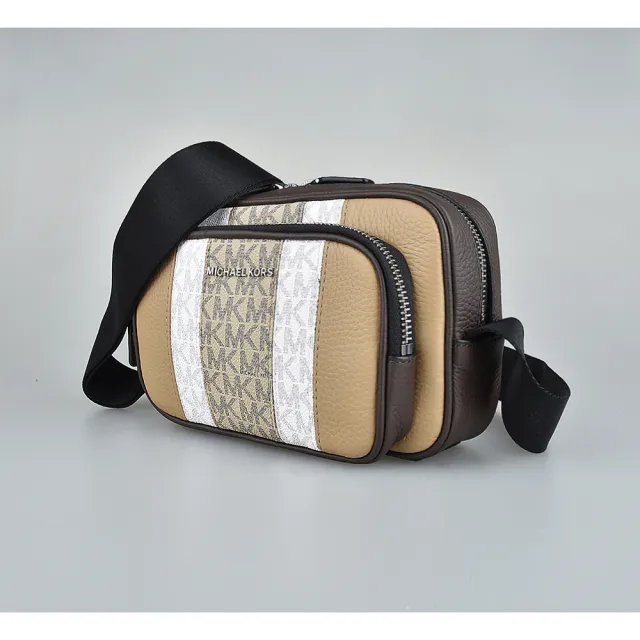 【Michael Kors】MK MICHAEL KORS Hudson LOGO拉鍊牛皮拼接雙條紋PVC斜背包(淺駝x褐x白/附零錢包)