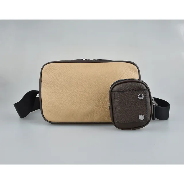 【Michael Kors】MK MICHAEL KORS Hudson LOGO拉鍊牛皮拼接雙條紋PVC斜背包(淺駝x褐x白/附零錢包)