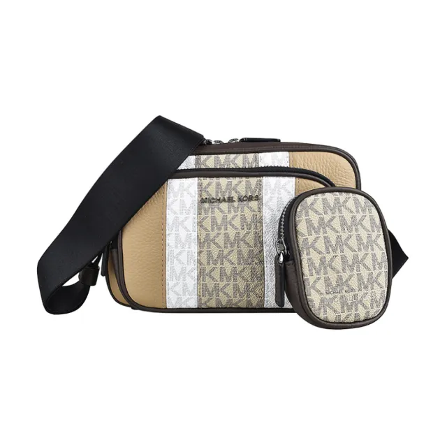 【Michael Kors】MK MICHAEL KORS Hudson LOGO拉鍊牛皮拼接雙條紋PVC斜背包(淺駝x褐x白/附零錢包)