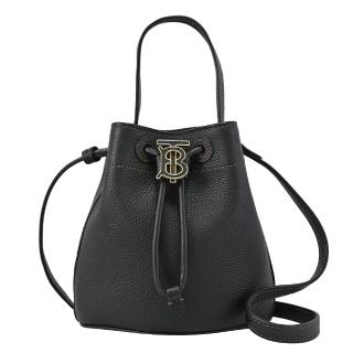 【BURBERRY 巴寶莉】簡約金屬TB LOGO小牛皮手提包水桶包兩用包(黑)