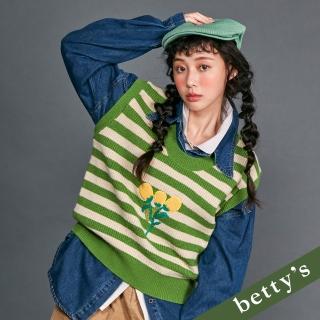 【betty’s 貝蒂思】毛巾小花刺繡橫條紋毛衣背心(綠色)