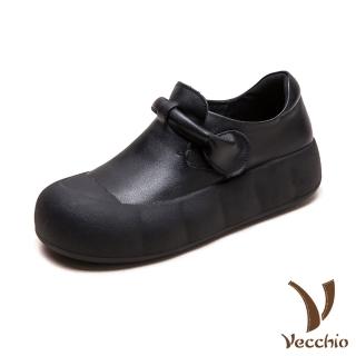 【Vecchio】真皮休閒鞋 厚底休閒鞋/真皮頭層牛皮包根一字帶時尚餅乾厚底休閒鞋(黑)