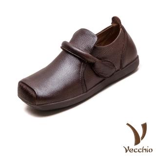 【Vecchio】真皮休閒鞋 方頭休閒鞋/真皮頭層牛皮復古方頭雙色拼接包根一字帶休閒鞋(咖)