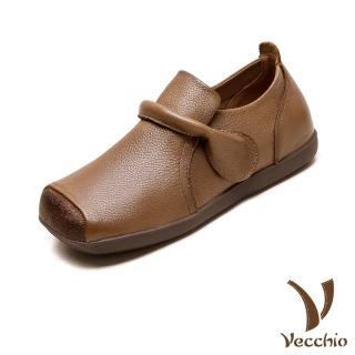 【Vecchio】真皮休閒鞋 方頭休閒鞋/真皮頭層牛皮復古方頭雙色拼接包根一字帶休閒鞋(棕)