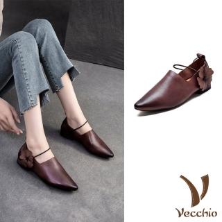 【Vecchio】真皮樂福鞋 牛皮樂福鞋/全真皮頭層牛皮深口花朵線繩繫帶低跟便鞋 樂福鞋(咖)