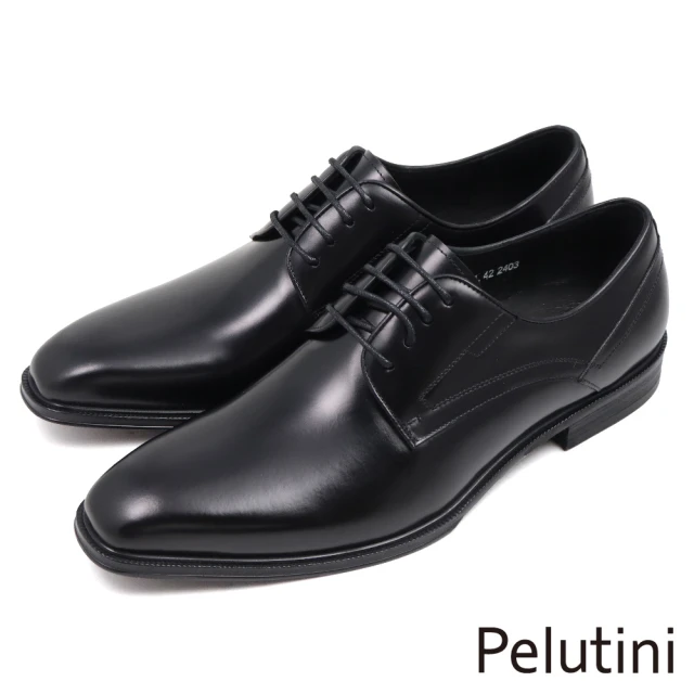 Pelutini 經典素面壓邊商務綁帶德比鞋 黑色(412113-BL)