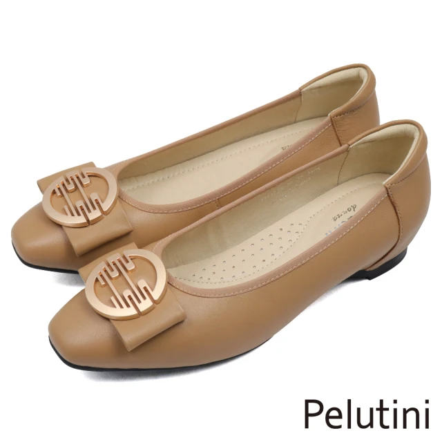 Pelutini 典雅復古金屬釦飾平底淑女鞋 棕色(431109W-BR)