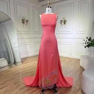 【女神婚紗禮服】優雅知性無袖氣質修身拖尾刺繡長裙禮服LA72497珊瑚紅(派對宴會主持人 拉鍊款晚禮服)