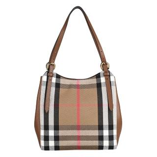 【BURBERRY 巴寶莉】BURBERRY Canterby內燙金字LOGO經典帆布拼接小牛皮磁釦式手提/肩揹包(棕x米格紋)