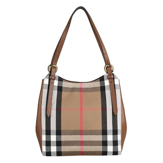 【BURBERRY 巴寶莉】BURBERRY Canterby內燙金字LOGO經典帆布拼接小牛皮磁釦式手提/肩背包(棕x米格紋)
