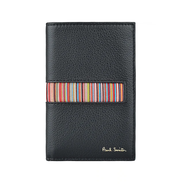 Paul Smith PAUL SMITH燙金LOGO對折6卡彩色條紋牛皮短夾(黑x多色)