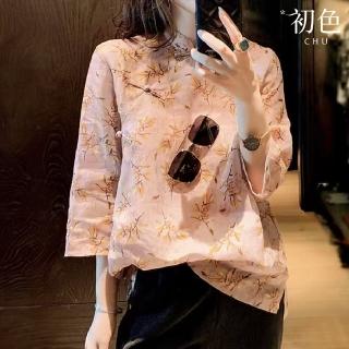 【初色】棉麻復古風改良式旗袍盤扣立領七分袖上衣女上衣-花色-37225(M-3XL可選)