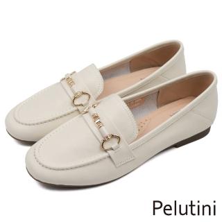 【Pelutini】氣質金屬簡約銜釦平底樂福鞋 白色(431101W-IV)