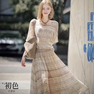 【初色】波西米亞風印花五分袖圓領上衣女上衣/滿版圖騰半身裙長裙-共2款-37206(M-XL可選)