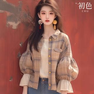 【初色】小香風撞色胸口袋格紋單排釦襯衫領長袖泡泡袖風外套女外套-卡其格紋-37339(M-XL可選)