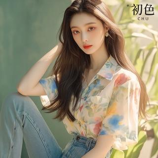 【初色】法式遮肉顯瘦落肩袖碎花短袖襯衫上衣女上衣-花色-37334(M-3XL可選)