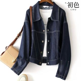 【初色】復古車線個性單排釦牛仔長袖外套女外套-藏藍色-37218(M-2XL可選)