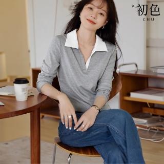 【初色】休閒風撞色POLO領長袖襯衫上衣女上衣-淺灰色-37182(M-3XL可選)