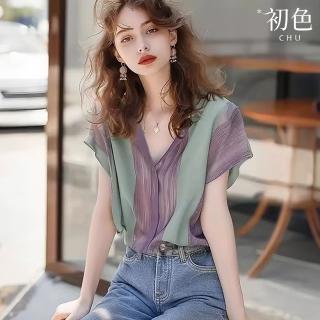 【初色】休閒百搭拼接條紋V領短袖雪紡衫襯衫上衣女上衣-紫青色-37327(M-3XL可選)