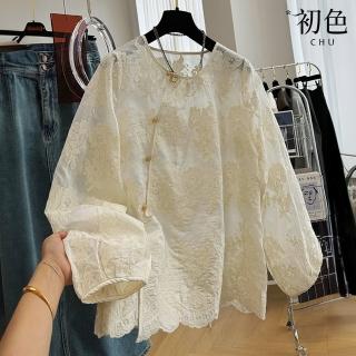 【初色】新中式繡花蕾絲圓領長袖襯衫上衣女上衣-淺杏-37242(M-2XL可選)
