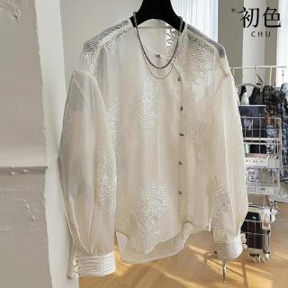 【初色】新中式國風繡花刺繡薄款蕾絲盤扣斜襟長袖襯衫上衣女上衣-杏色-37257(M-2XL可選)