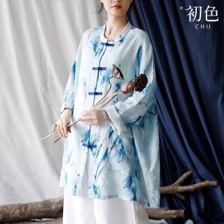 【初色】民族風寬鬆印花盤扣單排釦立領長袖襯衫上衣女上衣-共6色-37249(L-2XL可選)