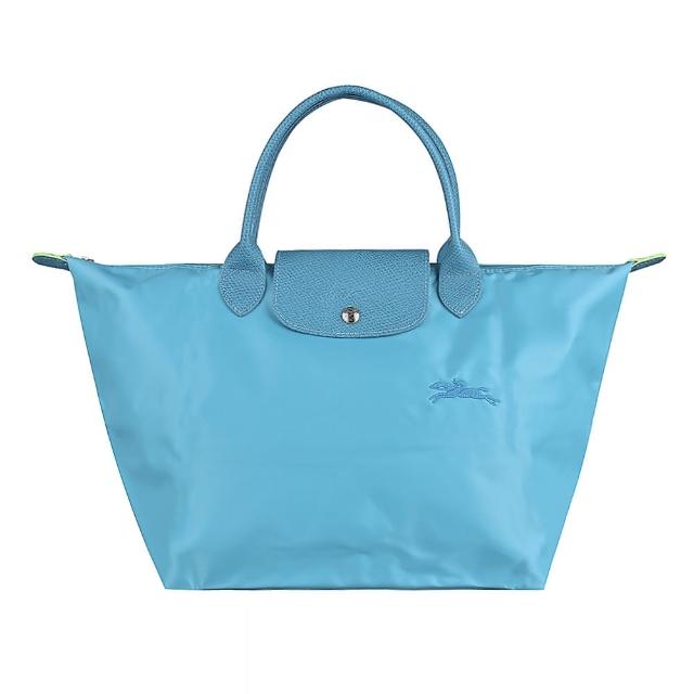 【LONGCHAMP】LONGCHAMP LE PLIAGE GREEN刺繡LOGO短把拉鍊再生摺疊手提包(中/雷雨藍)