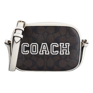 【COACH】COACH Jamie LOGO拉鍊PVC學院風斜背相機包(迷你/深棕x白)
