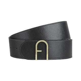 【FURLA 芙拉】FURLA Flow經典金字LOGO小牛皮雙面扣式寬版皮帶(女款/黑x芭蕾粉紅)