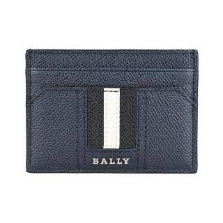 【BALLY】BALLY Thar立體LOGO牛皮黑白黑條紋設計4卡開口式卡夾(新藍)