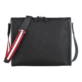 【BALLY】BALLY Code英文燙印LOGO尼龍拼接牛皮拉鍊斜揹包(黑)